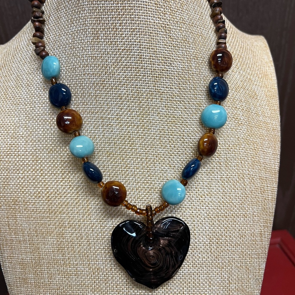 Blue and Brown Beaded Heart Pendant Necklace